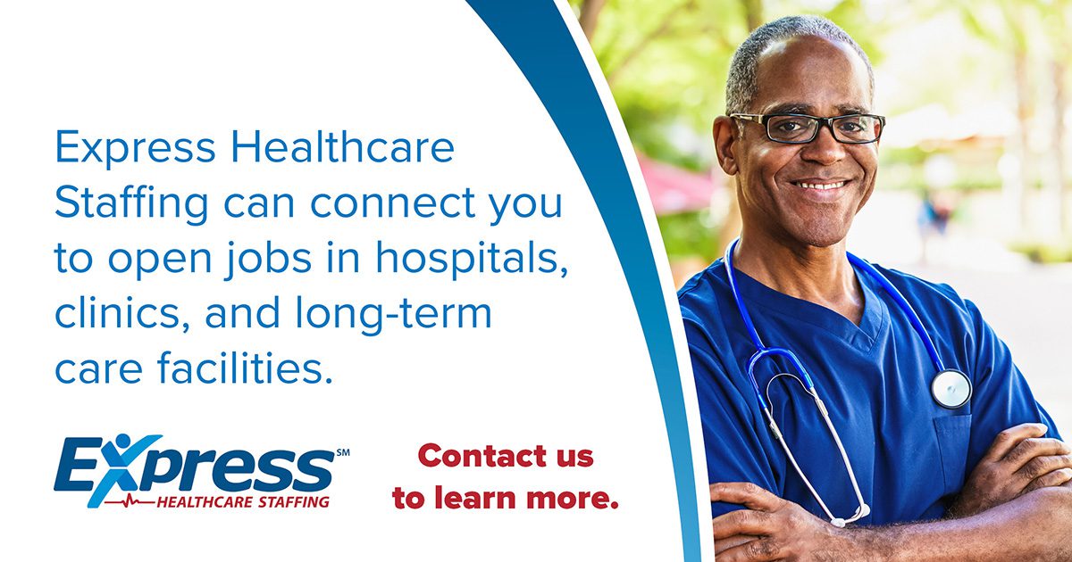 A graphic for Express Healthcare Staffing featuring a confident Black male healthcare professional in blue scrubs, with contact information on a light blue background to the left. Text says Express Healthcare Staffing can connect you to open jobs in hospitals, clinics, and long-term care facilities. Express Healthcare Staffing. Contact us to learn more.
