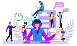 Illustration of people engaging in activities around a central figure using a computer, with books, servers, a clock, and gear icons in the background.