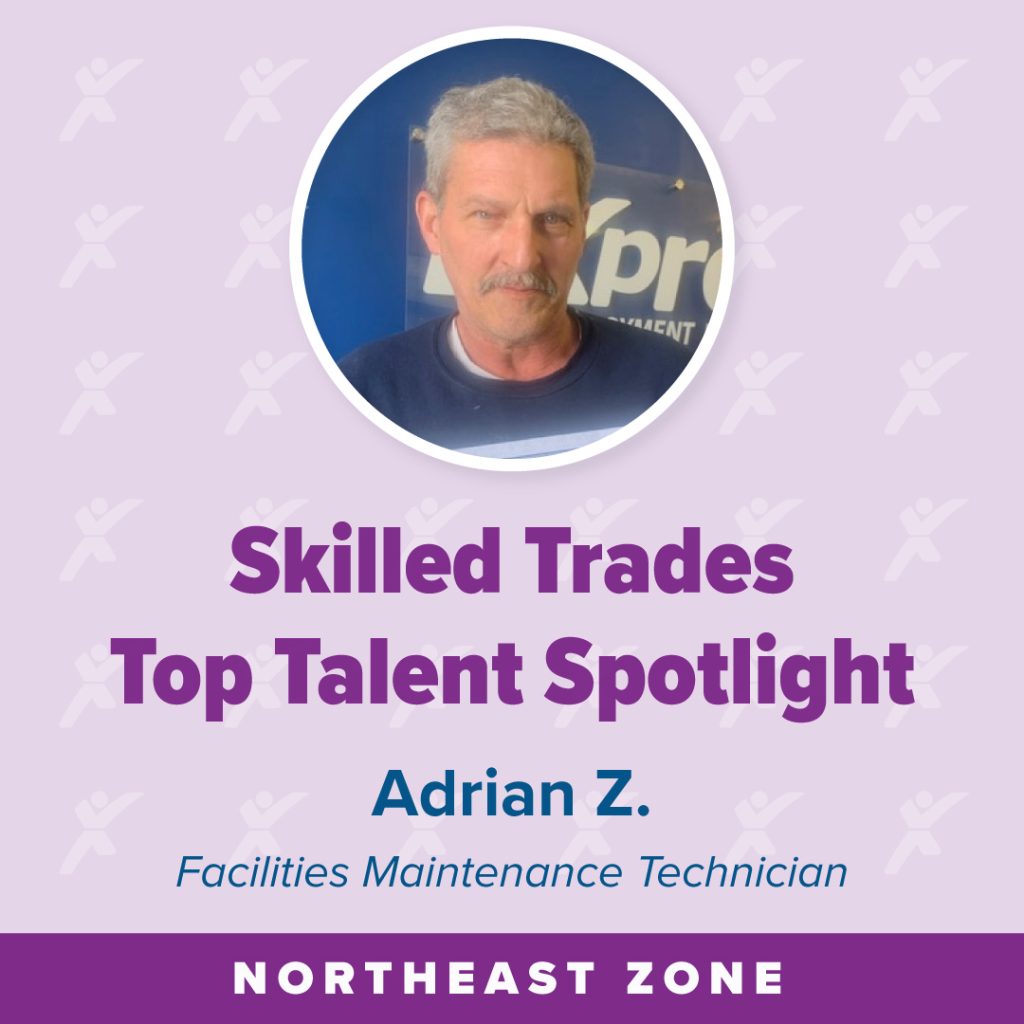 Circular headshot of a person with promotional text highlighting a top talent spotlight for a facilities maintenance technician named Adrian Z.
Transcribed Text:
Skilled Trades Top Talent Spotlight
Adrian Z.
Facilities Maintenance Technician
NORTHEAST ZONE
