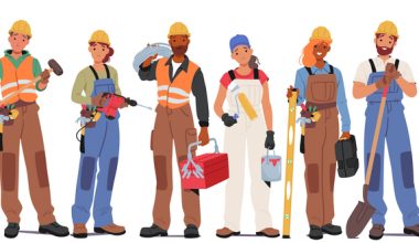 Illustration of ten diverse construction workers in colorful outfits holding various tools, all wearing yellow hard hats.