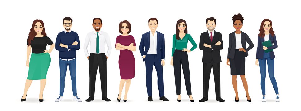 An illustration of nine faceless individuals standing in a row. They are dressed in various professional and casual outfits, including suits, dresses, and casual wear. The background is plain white.