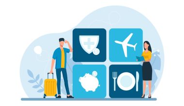 Illustration of a man wearing a cap, blue shirt, yellow jacket, and jeans pulling a yellow suitcase, and a woman in a yellow top and dark skirt holding a clipboard. Behind them are four blue squares with icons: a medical shield, an airplane, a piggy bank, and a plate with utensils.