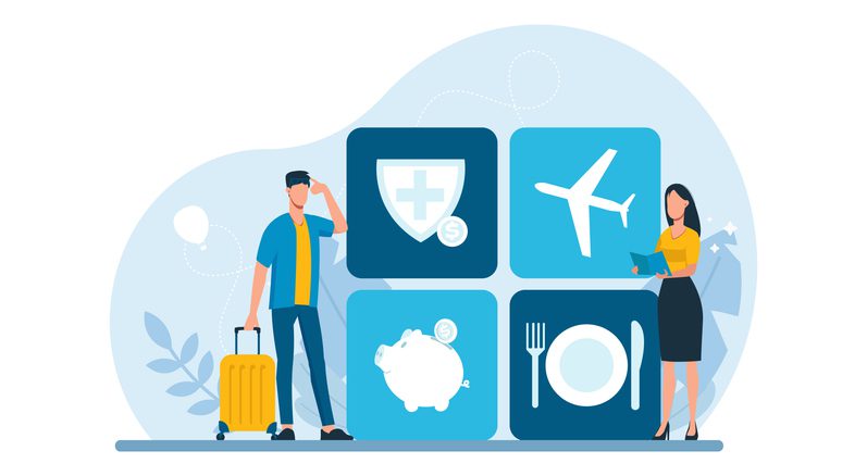 Illustration of a man wearing a cap, blue shirt, yellow jacket, and jeans pulling a yellow suitcase, and a woman in a yellow top and dark skirt holding a clipboard. Behind them are four blue squares with icons: a medical shield, an airplane, a piggy bank, and a plate with utensils.