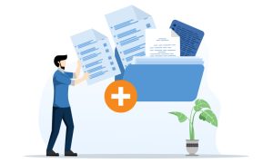 Man placing large documents into a blue folder with a plus sign, next to a potted plant.