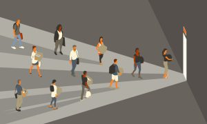 11 people walk through a large, dark room towards the exit door, which lights up the scene in a dramatic way. People carry boxes and various bags, indicating that they are relocating or have been laid off from work. Vector illustration uses a limited palette of flat colors and is presented in a 16x9 format.