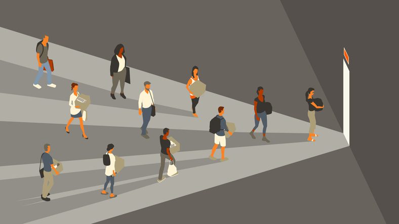 An illustration shows a diverse group of eleven people of various ages and apparent ethnicities walking toward. They are illuminated by light radiating in geometric rays from the doorway. Several individuals carry boxes or bags, suggesting they are leaving a place. The background is a dark gray.