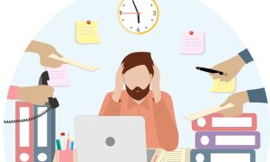 Illustration of a man at a cluttered desk with a laptop, surrounded by hands offering work items, with a clock and sticky notes in the background.