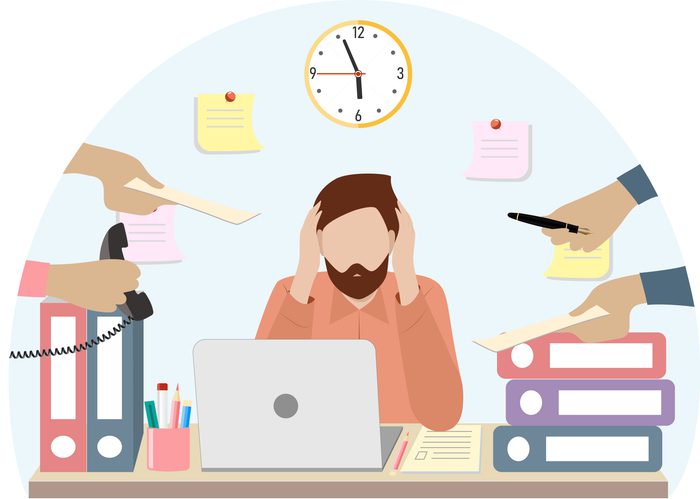 Illustration of a man at a cluttered desk with a laptop, surrounded by hands offering work items, with a clock and sticky notes in the background.
