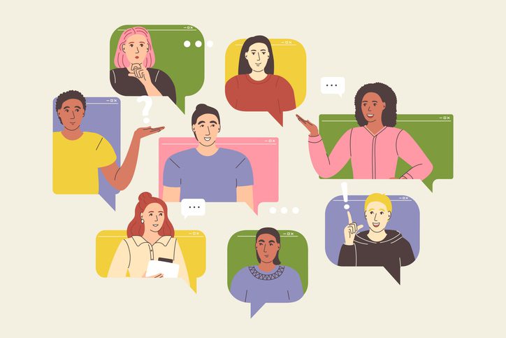 Illustration of eight diverse individuals in colorful chat bubbles, each with unique expressions and gestures.