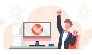 Person celebrating at a desk with arms raised, a computer screen showing a large checkmark, papers stacked nearby, and fireworks in the background.
