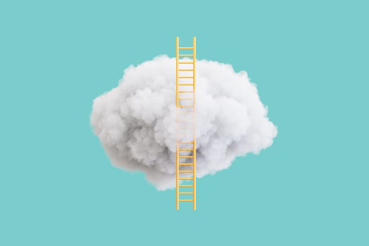 Yellow ladder rising through a white cloud against a turquoise background, symbolizing career growth and climbing the corporate ladder.