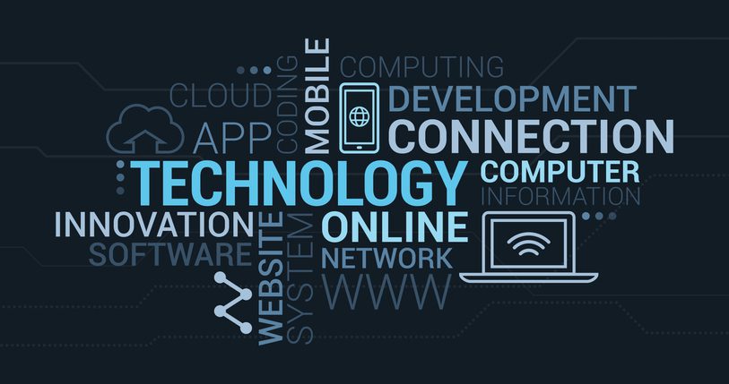 Word cloud with technology-related terms such as Technology, Connection, Development, Online, Mobile, Cloud, Computing, Software, and Innovation, displayed on a dark background with icons of a laptop, smartphone, and network nodes