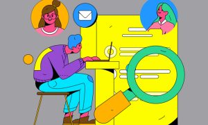 Illustration of a person working on a laptop surrounded by icons representing email, communication, and job search tools, symbolizing career support and resources.