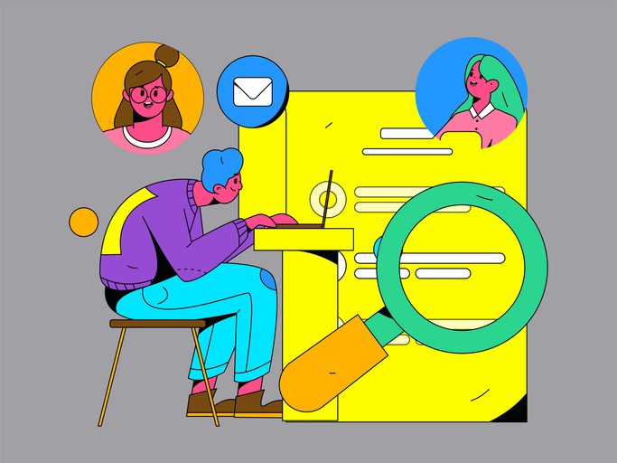 Illustration of a person working on a laptop surrounded by icons representing email, communication, and job search tools, symbolizing career support and resources.