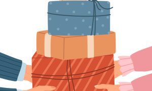 Two pairs of hands exchanging a stack of wrapped holiday gifts, symbolizing workplace gift giving and seasonal appreciation.