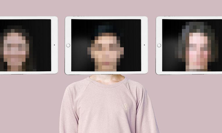 Three tablet screens displaying pixelated images positioned above a person wearing a light pink sweatshirt, set against a solid pastel background.
