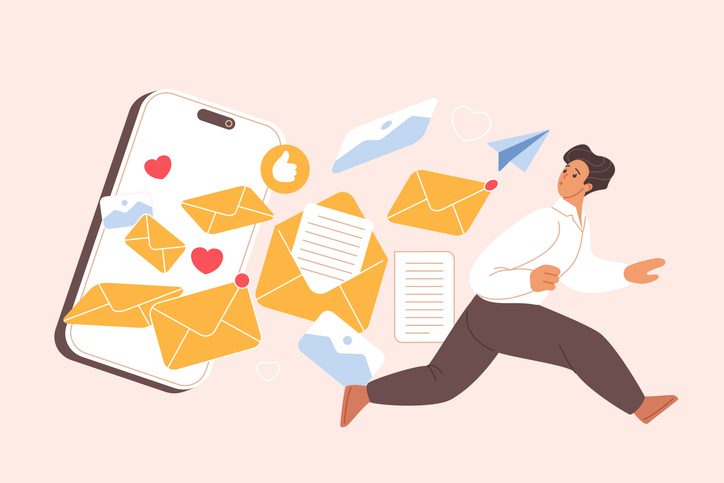 Illustration of a person running from a smartphone overflowing with emails, messages, documents, and social media icons, symbolizing digital overwhelm.