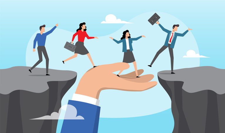 Illustration of a large hand bridging two cliffs, helping business professionals cross safely, symbolizing champion leadership, mentorship, and support.