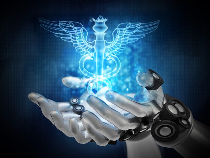 Robotic hands holding a glowing blue caduceus symbol, representing the intersection of healthcare and artificial intelligence.