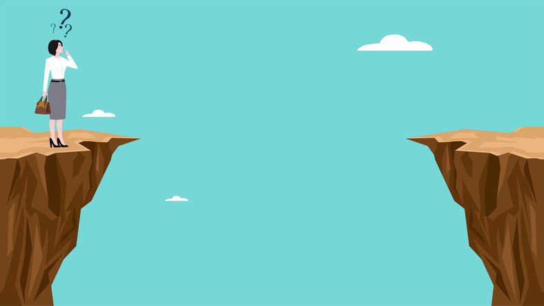 Illustration of a woman standing on the edge of a cliff holding a handbag, wearing a white top and gray skirt with black shoes. She has short dark hair and is shown with question marks above her head, indicating confusion. There is a large gap between two cliffs, with the other side empty. The background is light blue with a few white clouds.