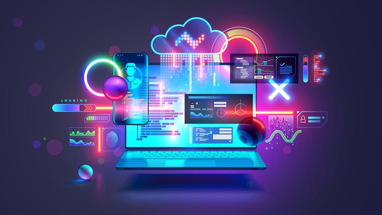 Colorful, futuristic illustration of a laptop surrounded by digital dashboards, code snippets, cloud computing icons, and data visualizations, representing complex software engineering and problem‑solving in a high‑tech environment.