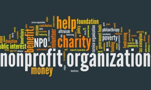Word cloud centered around the theme of nonprofit organizations, featuring prominent terms like "nonprofit," "organization," "charity," "volunteer," "donation," "foundation," "philanthropy," "public interest," "grant," "trust," "tax exemption," and "surplus revenues," visually emphasizing the values and functions of nonprofit entities.
