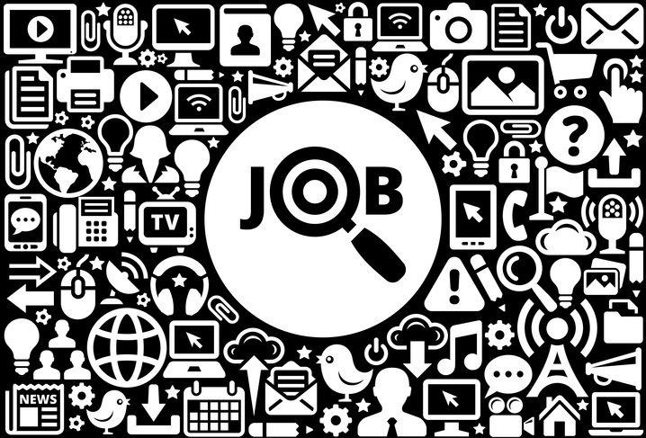 Black and white illustration centered around the word "JOB," with the "O" stylized as a magnifying glass. Surrounding icons represent technology, communication, media, and business, including computers, mobile phones, email, social media, gears, light bulbs, microphones, and people—symbolizing the interconnected digital landscape of modern job searching.