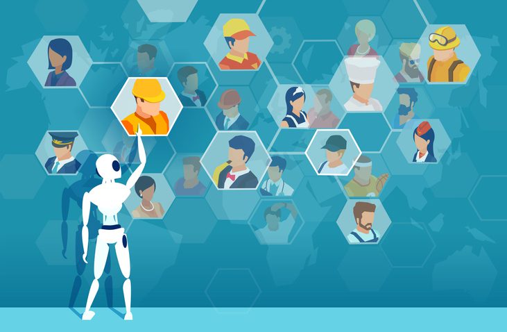 Illustration of a white robot pointing toward a grid of hexagons displaying diverse illustrated workers. The workers include male‑ and female‑presenting characters in various uniforms such as construction gear, medical attire, business suits, aviation uniforms, and culinary outfits. The background features abstract world map shapes and hexagonal patterns.
