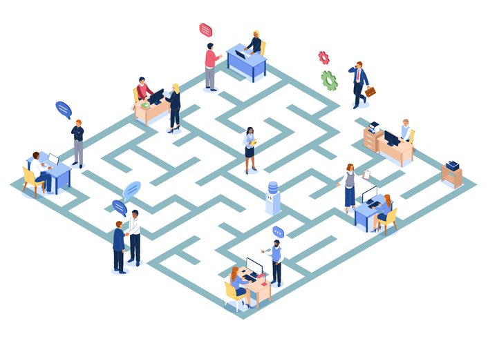 Illustration of an office maze with male‑ and female‑presenting workers of varied hair colors and clothing styles positioned around and inside the maze. Some sit at desks with computers, others stand talking, walking, or holding documents. Speech bubbles and small office icons appear around the scene.