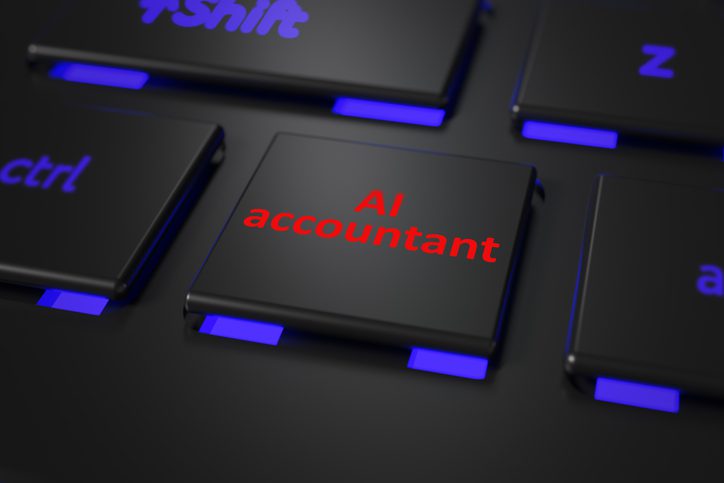Close-up of a black computer keyboard featuring a key labeled “AI accountant” in bright red text, surrounded by other keys illuminated with blue light.