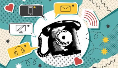 Illustration of a vintage rotary telephone surrounded by colorful speech bubbles containing icons for a smartphone, email envelope, computer monitor, headphones, and sound waves. The background features playful shapes, hearts, and textured patterns.