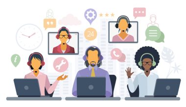 Illustration of three people at laptops wearing headsets: a woman with short hair in a yellow top, a man with a beard in a shirt and tie, and a woman with curly hair in a white top. Behind them are floating icons and screens showing additional headset-wearing figures and symbols for chat, phone, tools, and 24-hour support.