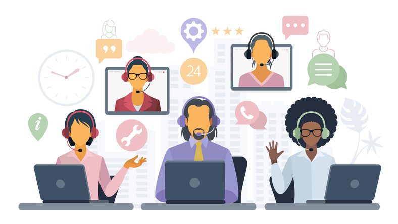 Illustration of three people at laptops wearing headsets: a woman with short hair in a yellow top, a man with a beard in a shirt and tie, and a woman with curly hair in a white top. Behind them are floating icons and screens showing additional headset-wearing figures and symbols for chat, phone, tools, and 24-hour support.