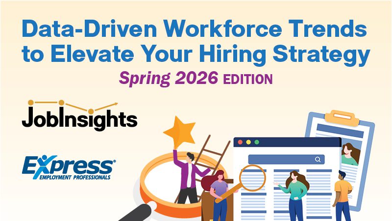 Illustration of a report cover with the text: “Data-Driven Workforce Trends to Elevate Your Hiring Strategy — Spring 2026 Edition.” Logos for Job Insights and Express Employment Professionals appear below. The illustration shows three people: one presenting a gold star while wearing a purple jacket, one holding a magnifying glass while wearing a pink top, and one in a green top standing near a large webpage graphic. A clipboard illustration is in the background.