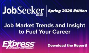 Illustration with a blue and purple circuit‑themed background featuring the text: “JobSeeker Report Spring 2026 Edition. Job Market Trends and Insight to Fuel Your Career.” Logos read: “Express Employment Professionals.” Additional text: “Download the Report!”