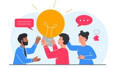 Illustration of three people—two appearing male and one appearing female—collaborating around a large glowing lightbulb icon, with speech bubbles and a puzzle piece symbol in the background. All wear casual long‑sleeve clothing in blue and red tones.