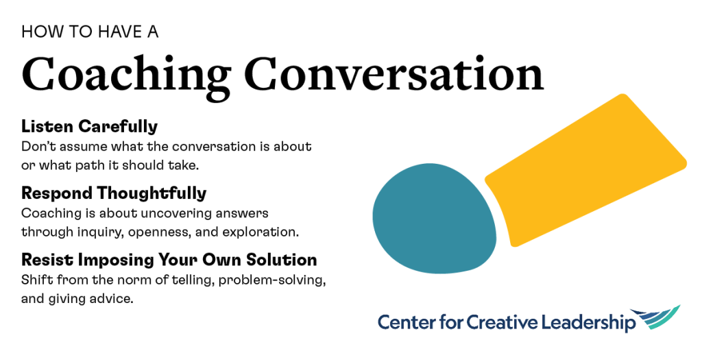 Infographic titled “HOW TO HAVE A Coaching Conversation.” Text reads: “Listen Carefully — Don’t assume what the conversation is about or what path it should take.” “Respond Thoughtfully — Coaching is about uncovering answers through inquiry, openness, and exploration.” “Resist Imposing Your Own Solution — Shift from the norm of telling, problem-solving, and giving advice.” Logo at bottom right reads: “Center for Creative Leadership.”
