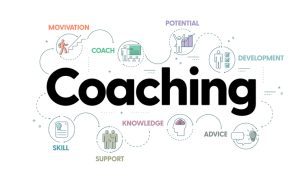 Illustration graphic with the large central word “Coaching,” surrounded by line icons and labeled concepts: “Motivation,” “Coach,” “Potential,” “Development,” “Skill,” “Support,” “Knowledge,” and “Advice.”