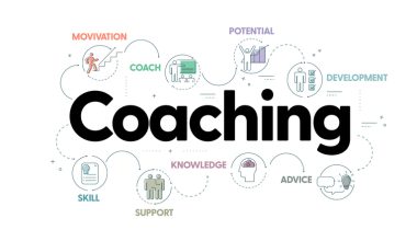 Illustration graphic with the large central word “Coaching,” surrounded by line icons and labeled concepts: “Motivation,” “Coach,” “Potential,” “Development,” “Skill,” “Support,” “Knowledge,” and “Advice.”