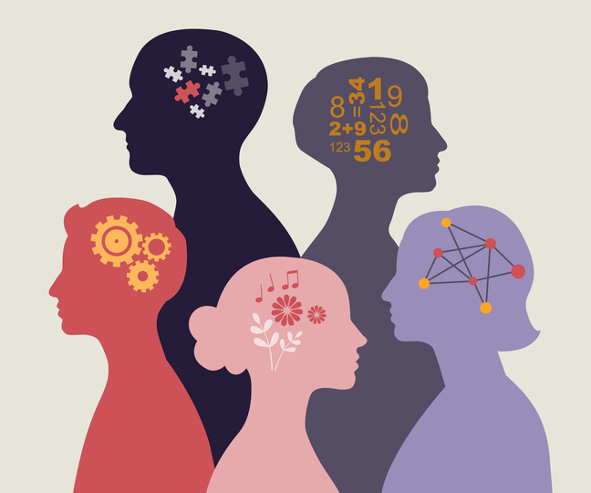 Illustration of five overlapping human head silhouettes in different colors, each facing sideways, with symbolic icons inside the heads including puzzle pieces, gears, musical notes and flowers, numbers and equations, and connected nodes, representing diverse ways of thinking.
