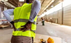 Photo of a person wearing a high-visibility yellow safety vest over a light blue long-sleeve shirt and brown pants, standing indoors in an industrial workspace with both hands placed on the lower back; a yellow hard hat and ear protection rest on a work surface in the foreground.