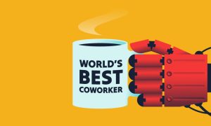 Robotic AI hand holding a “world’s best coworker” mug, representing generative AI as a supportive workplace partner that enhances human productivity rather than replacing workers, shown in a modern vector illustration.
