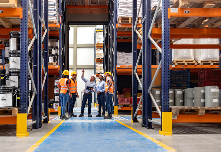 Photo of six adult workers—men and women—wearing yellow hard hats, orange safety vests, long pants, and work boots, standing in a warehouse aisle between tall pallet racks filled with boxed and bagged inventory; one person gestures upward while others look on, suggesting a team discussion or inspection.