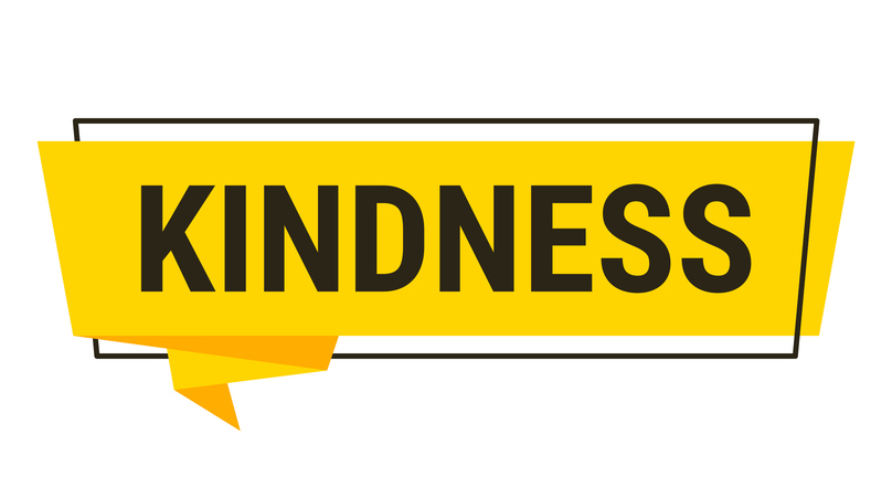 Illustration: bold yellow banner graphic with the word “KINDNESS” in black uppercase letters.