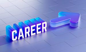 3D-rendered concept featuring the word "CAREER" with an upward arrow on a blue background, symbolizing professional growth and success. Ideal for business professionals, career coaches, and students, this illustration is perfect for presentations that emphasize career advancement, motivation, and leadership, with a modern design.
