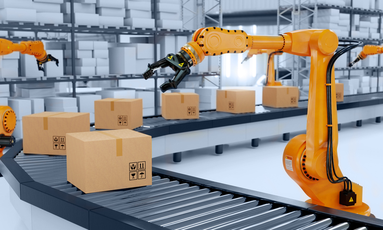 Industrial robotic arm lifting a cardboard box from a roller conveyor inside a modern automated warehouse, showcasing advanced robotics, automation technology, and AI‑driven logistics in a 3D rendered scene.