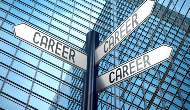 No Degree? High-Income Career Changes to Make Right Now. Career - crossroads sign, office building.