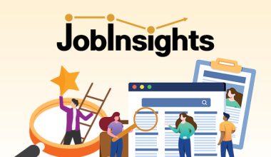 Illustration with the word “Job Insights” above a search webpage, clipboard, magnifying glass, and four cartoon people in business-casual clothing. Text: “Job Insights”.