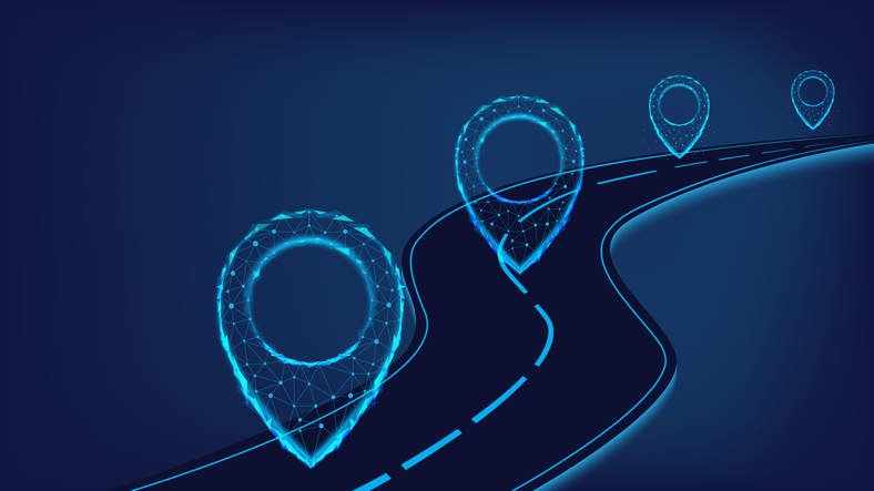 Navigation concept. Logistic concept. Road with polygonal pointers. Blue background. Journey from IT to engineering.